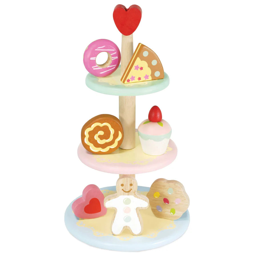 Le Toy Van's Three - Tier Wooden Patisserie Cake Stand Set with 7 Detailed Cakes for Kids