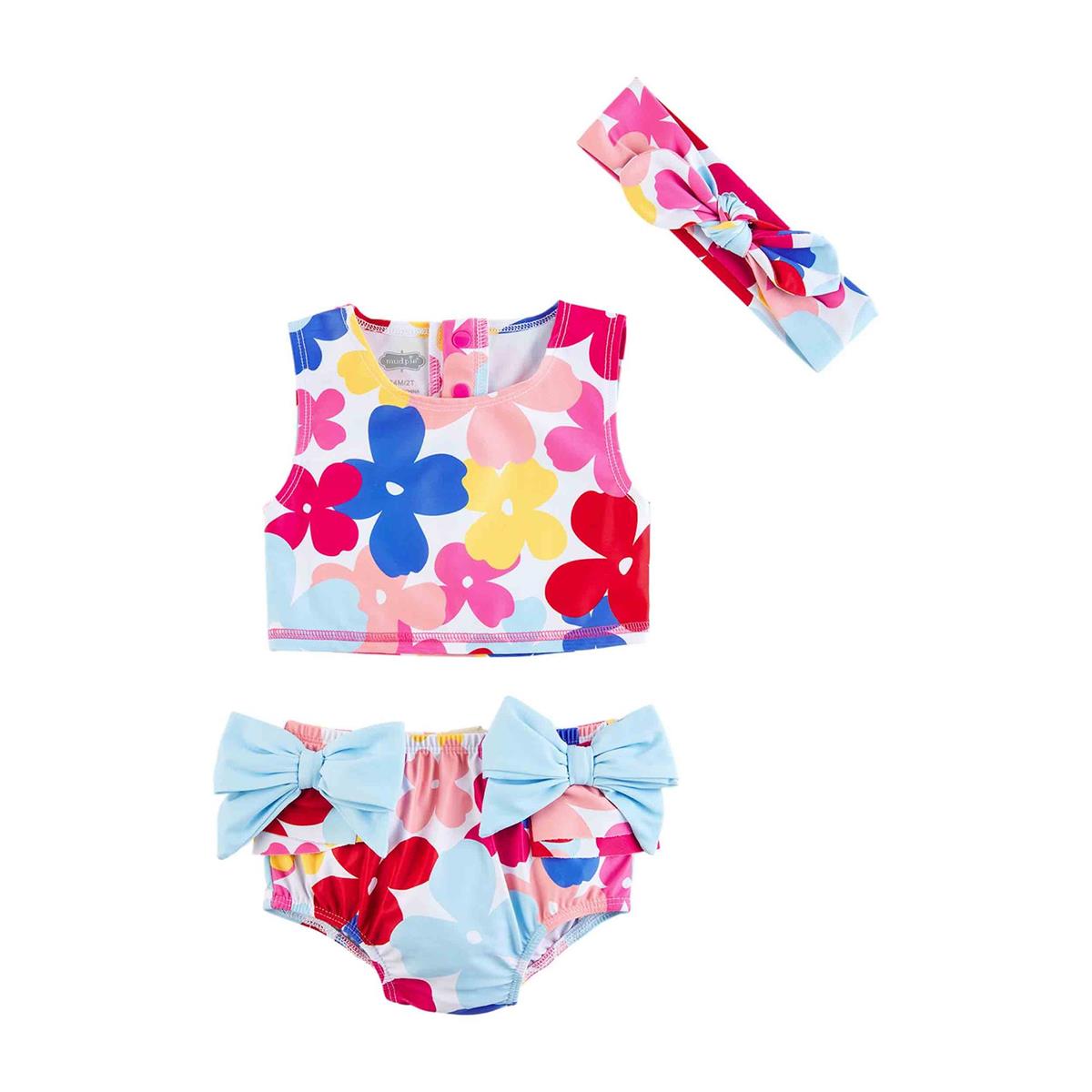 Mud Pie Colorful Multi - Floral Nylon Spandex Swimsuit with Bow Headband Set