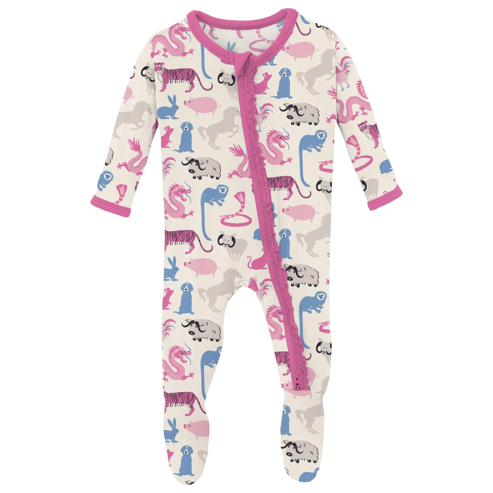 Kickee Natural Chinese Zodiac Print Ruffled Zippered Footie Pants for Babies