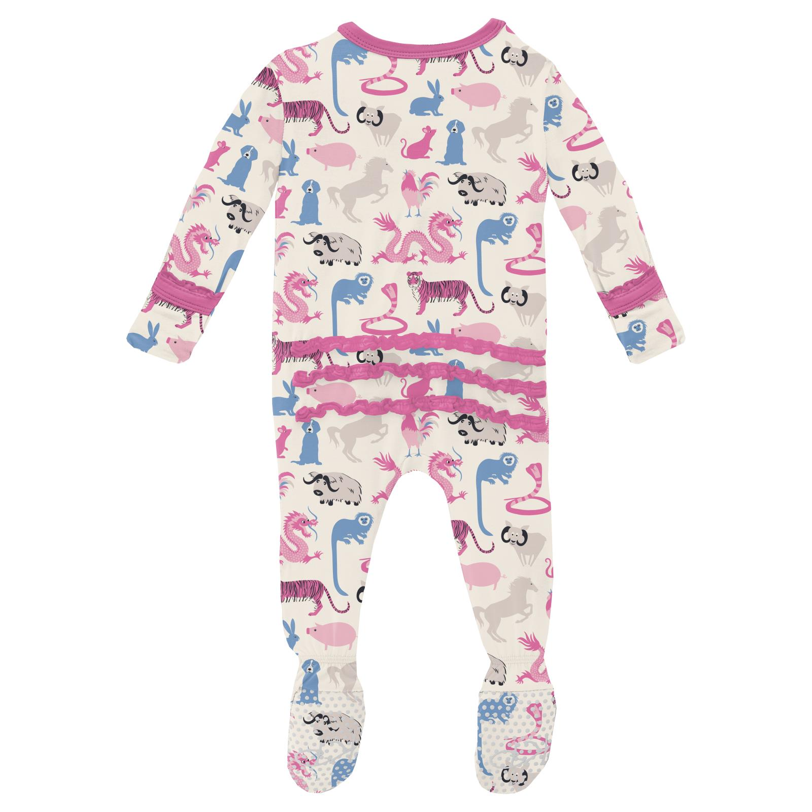 Kickee Natural Chinese Zodiac Print Ruffled Zippered Footie Pants for Babies