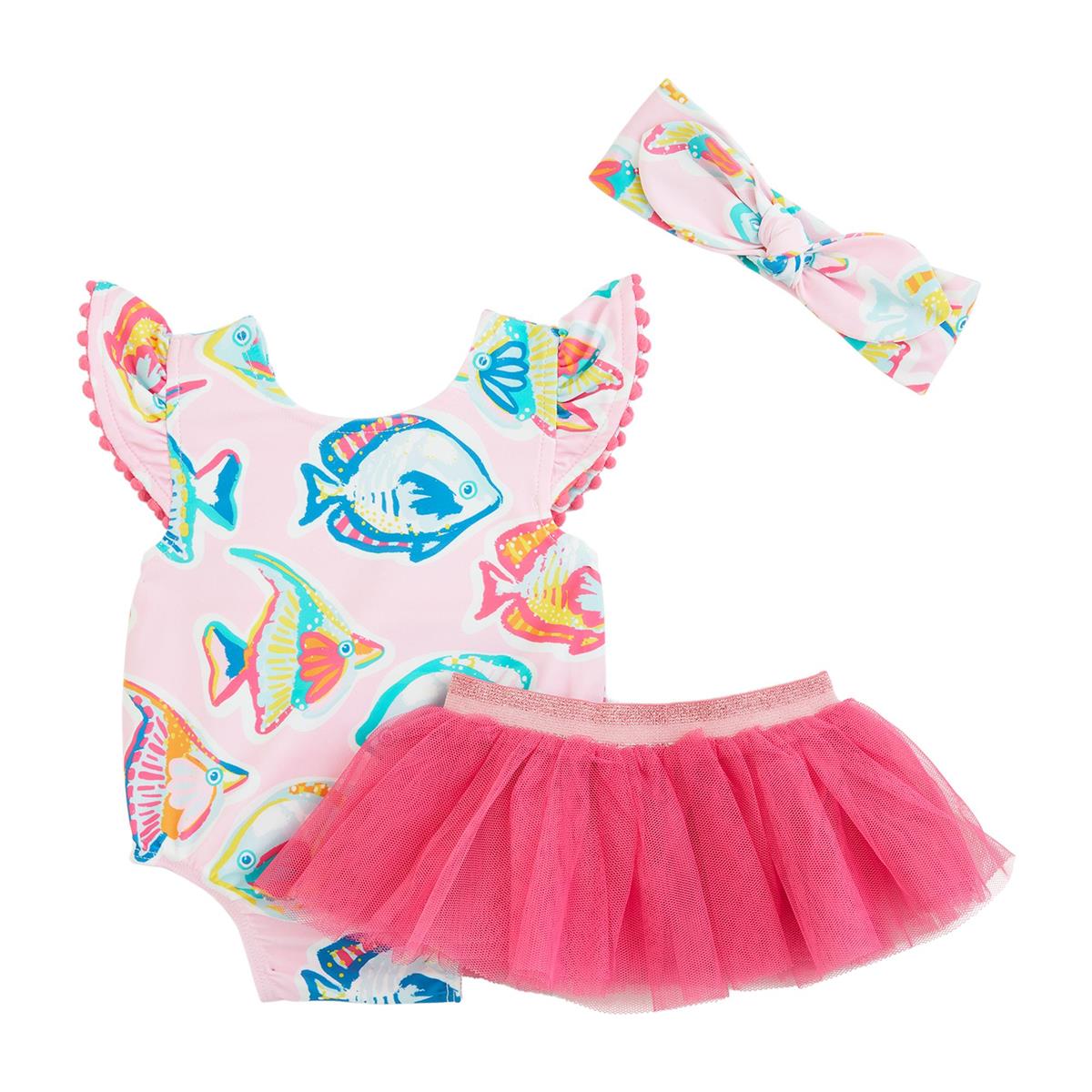 Pink Fish/Stripe Reversible Nylon Spandex Swimsuit & Mesh Ruffle Tutu Set