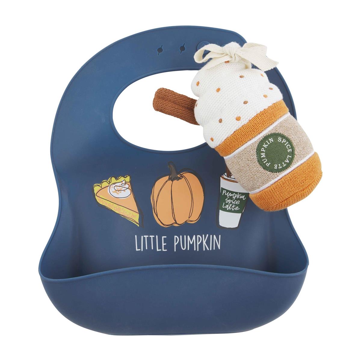 Blue Mud Pie Pumpkin Spice Soft Silicone Bib and Sweater Knit Rattle Set