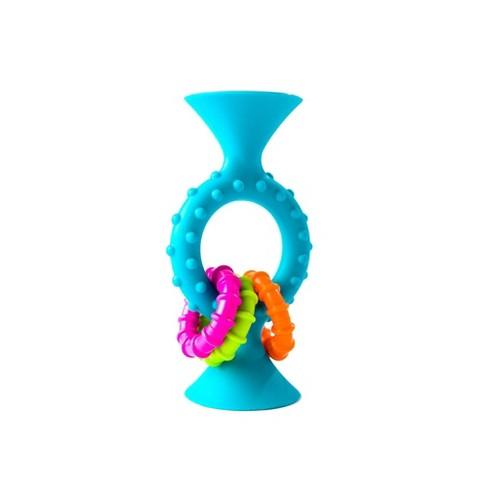 Fat Brain PipSquigz Loops: Bendy, Rattly, Chewy Silicone Suction Cup Toys for Babies - Orange or Teal Available