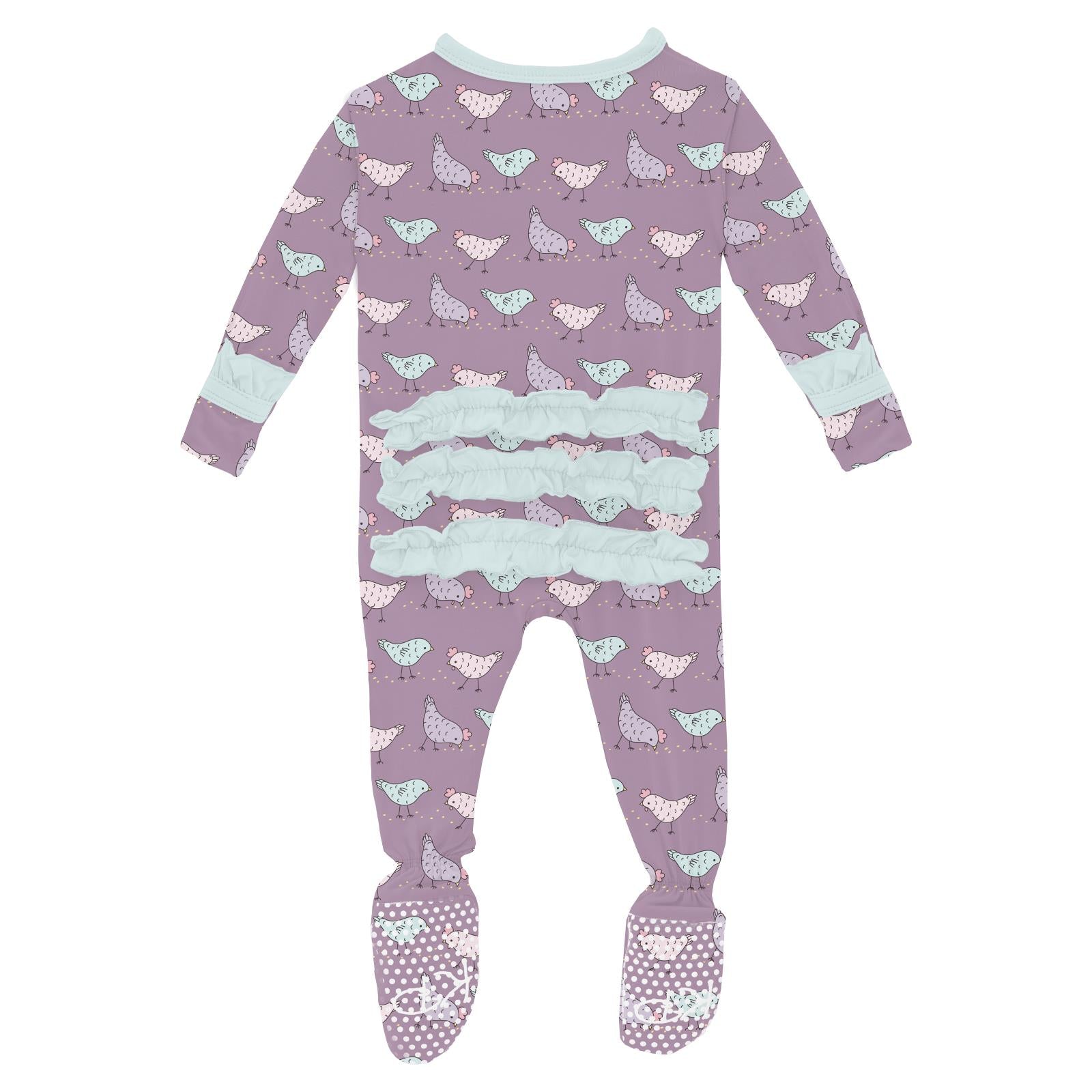 Kickee Pants Lavender Chickens Classic Ruffle Footie with 2-Way Zipper - Hot Deal