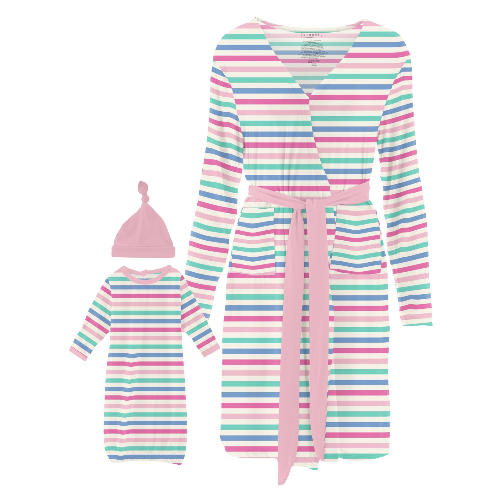 Hot Deal! Women's Mid - Length Lounge Robe & Layette Gown Set with Skip To My Lou Stripe Print