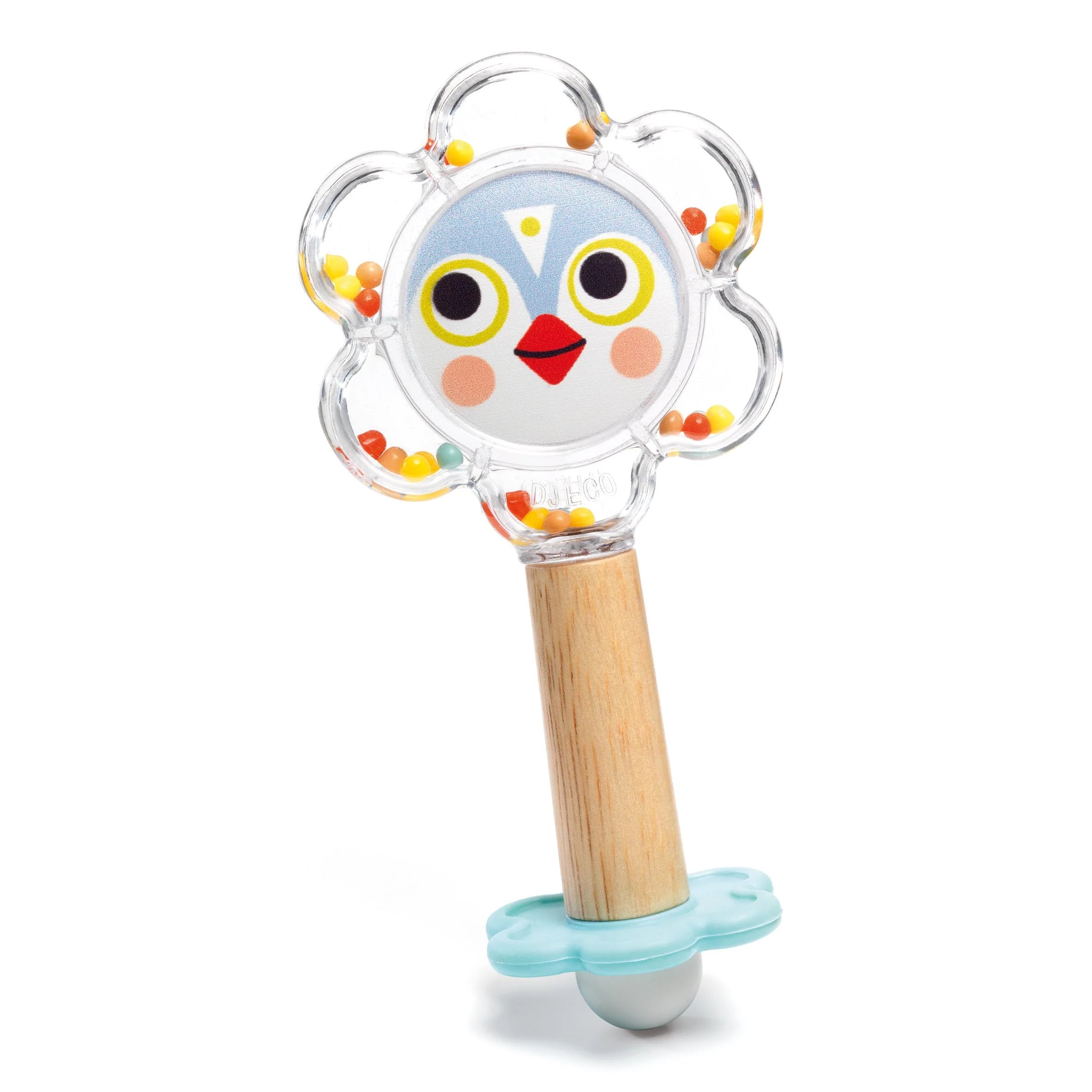 Hot Sale! DJECO Adorable Baby Flower Rattle with Wood Handle, Mirror and Teether