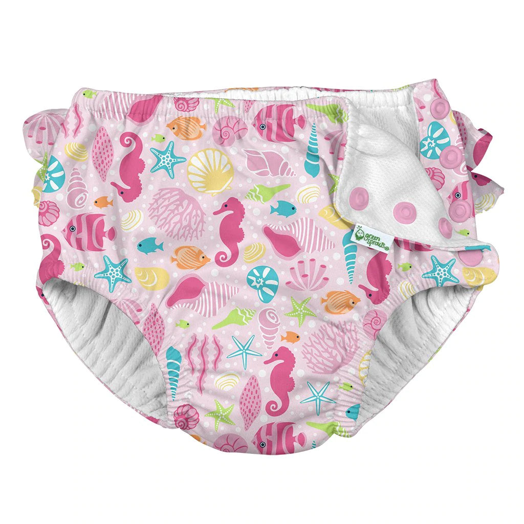 I Play Reusable Absorbent Pink Sea Life Ruffle Snap Swimsuit Diaper