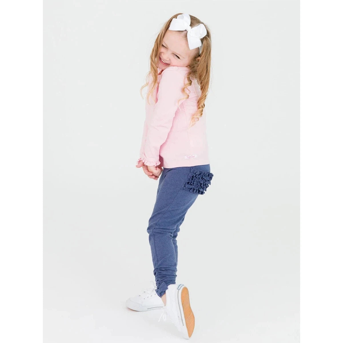 Hot Sale! RuffleButts Faux Denim Ruched Bow Baby Girl Leggings for All Seasons