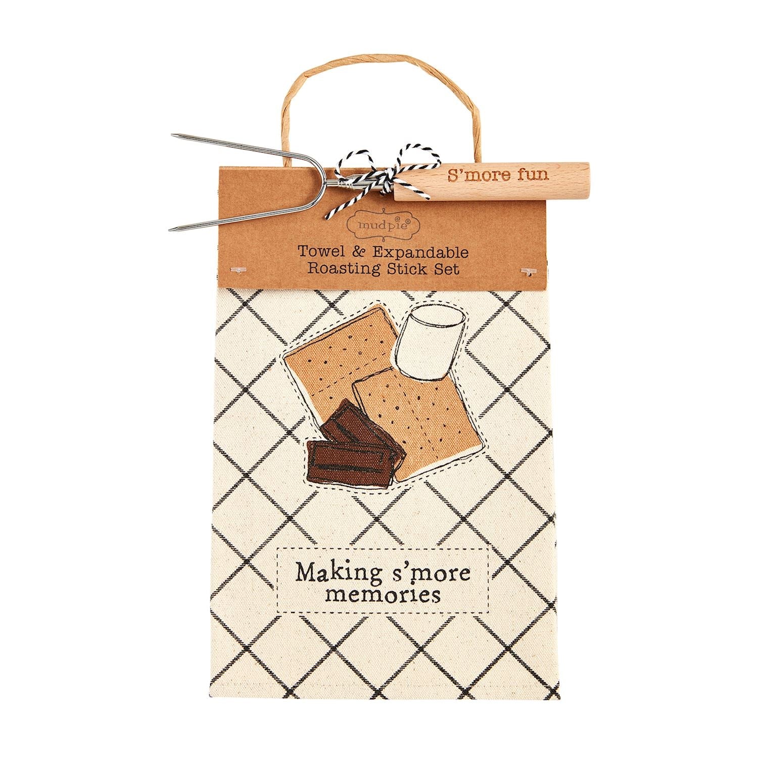 Mud Pie Premium S'more Canvas Towel and Stainless Steel-Wood Roasting Skewer Sets
