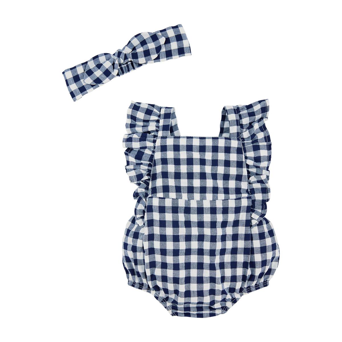Navy Blue Gingham Baby Bubble Romper with Matching Bow Headband Set
