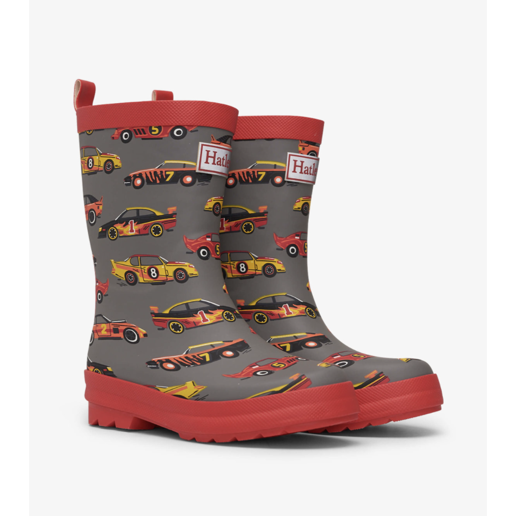 Hatley Steel Grey Classic Race Cars Matte Rain Boots - Ideal for Rainy Days