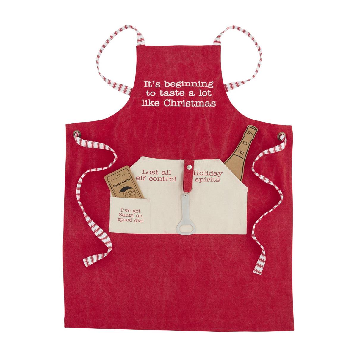 Mud Pie Washed Canvas Holiday Spirits Apron with Bottle Opener