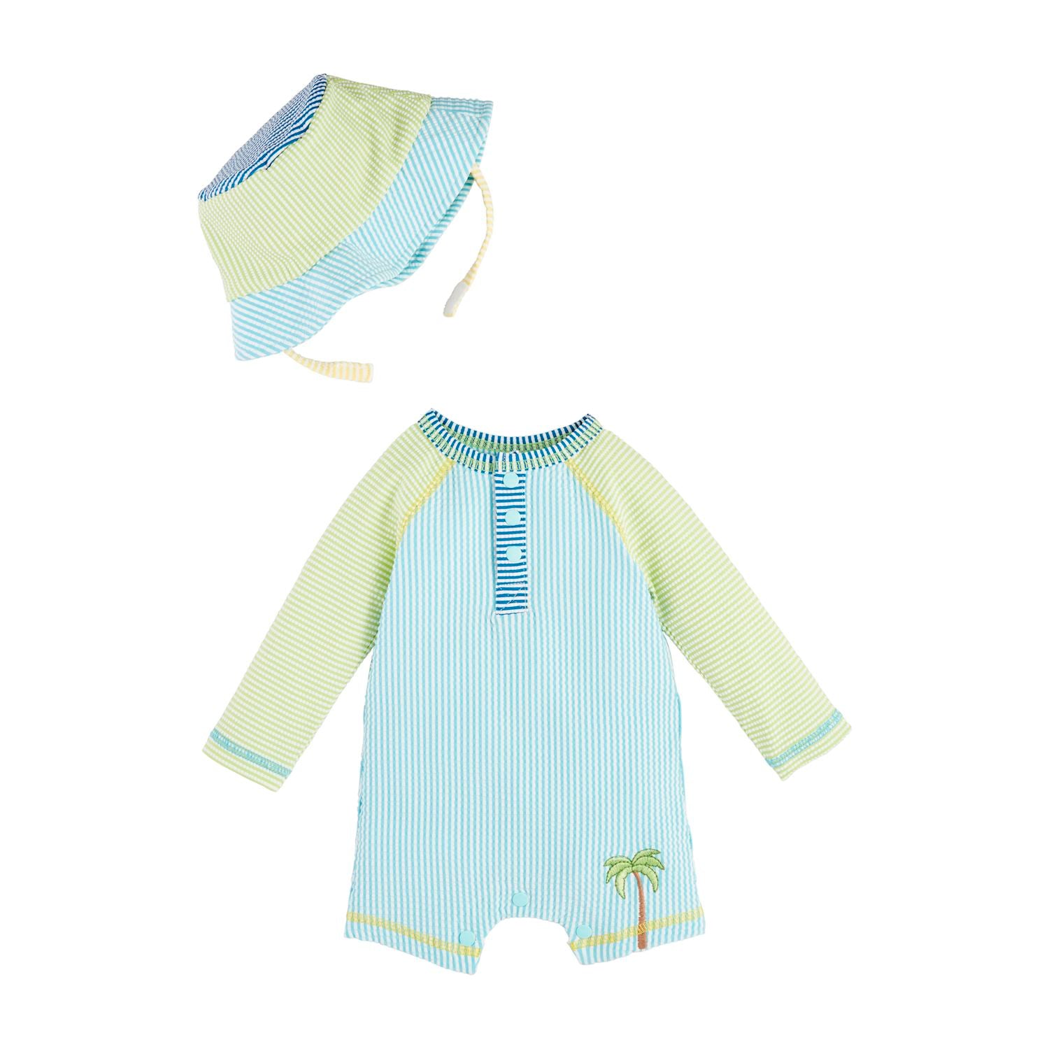 Mud Pie Seersucker Nylon Spandex One-Piece Rashguard with Matching Bucket Hat Set