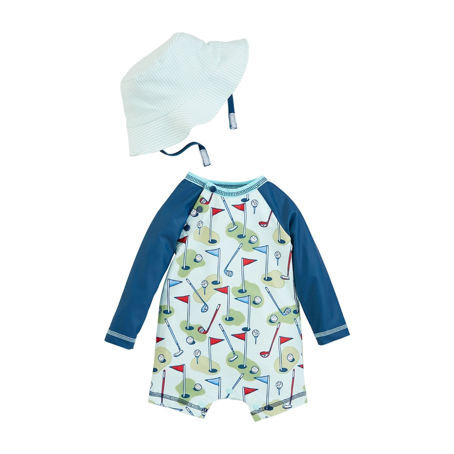 Hot Deal! Mud Pie Golf Seersucker Nylon Spandex Rash Guard One - Piece and Bucket Hat Set