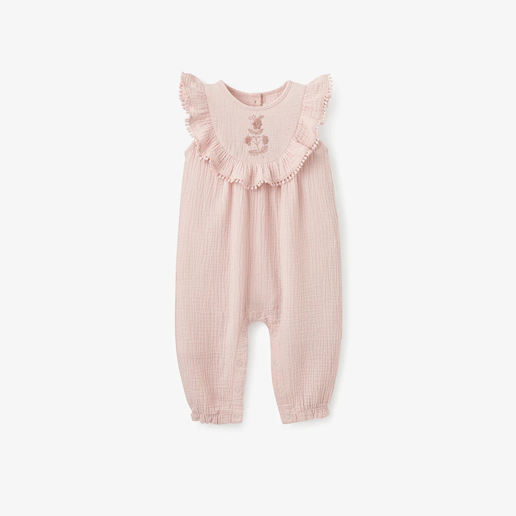 Charming Baby Pink Floral Embroidered Organic Muslin Jumpsuit - Ideal for Spring & Summer