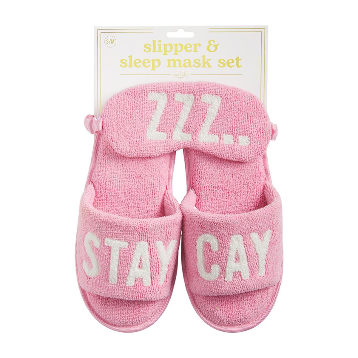 Pink Embroidered Terry Cloth Slipper and Sleep Mask Set for Relaxing