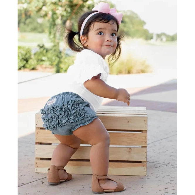 RuffleButts Baby Girl Light Wash Denim Diaper Cover - Ideal for Photos!