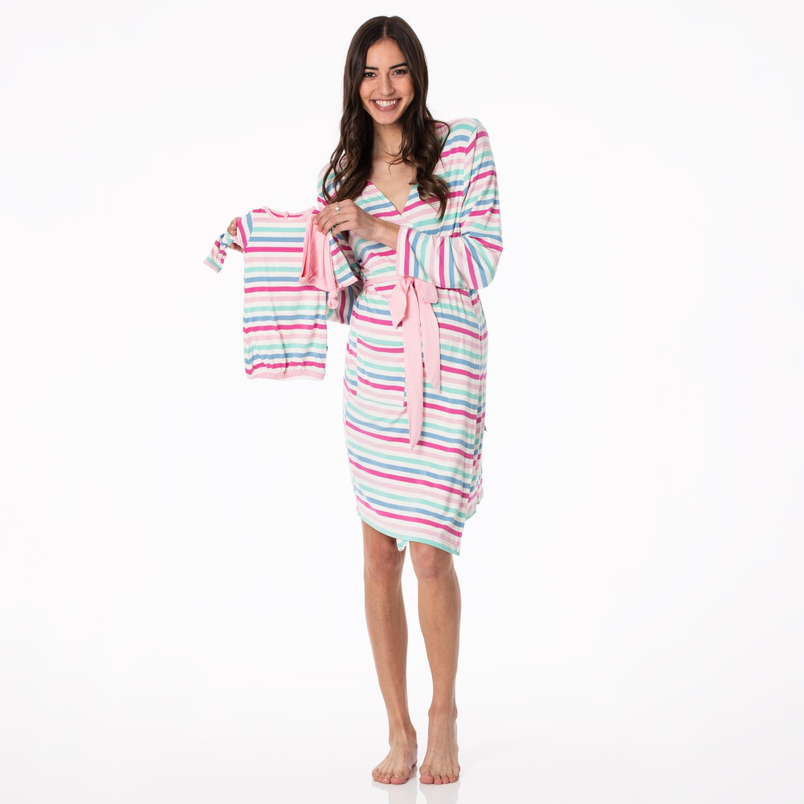 Hot Deal! Women's Mid - Length Lounge Robe & Layette Gown Set with Skip To My Lou Stripe Print