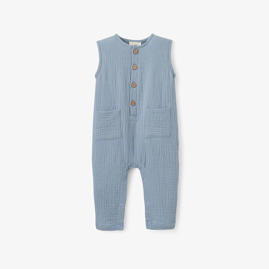 Exquisite Stone Blue Organic Muslin Sleeveless Baby Jumpsuit