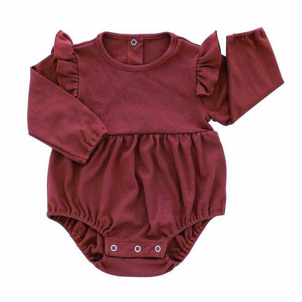 Emerson & Friends Merlot Long Sleeve Flutter Baby Onesie in Soft Cotton