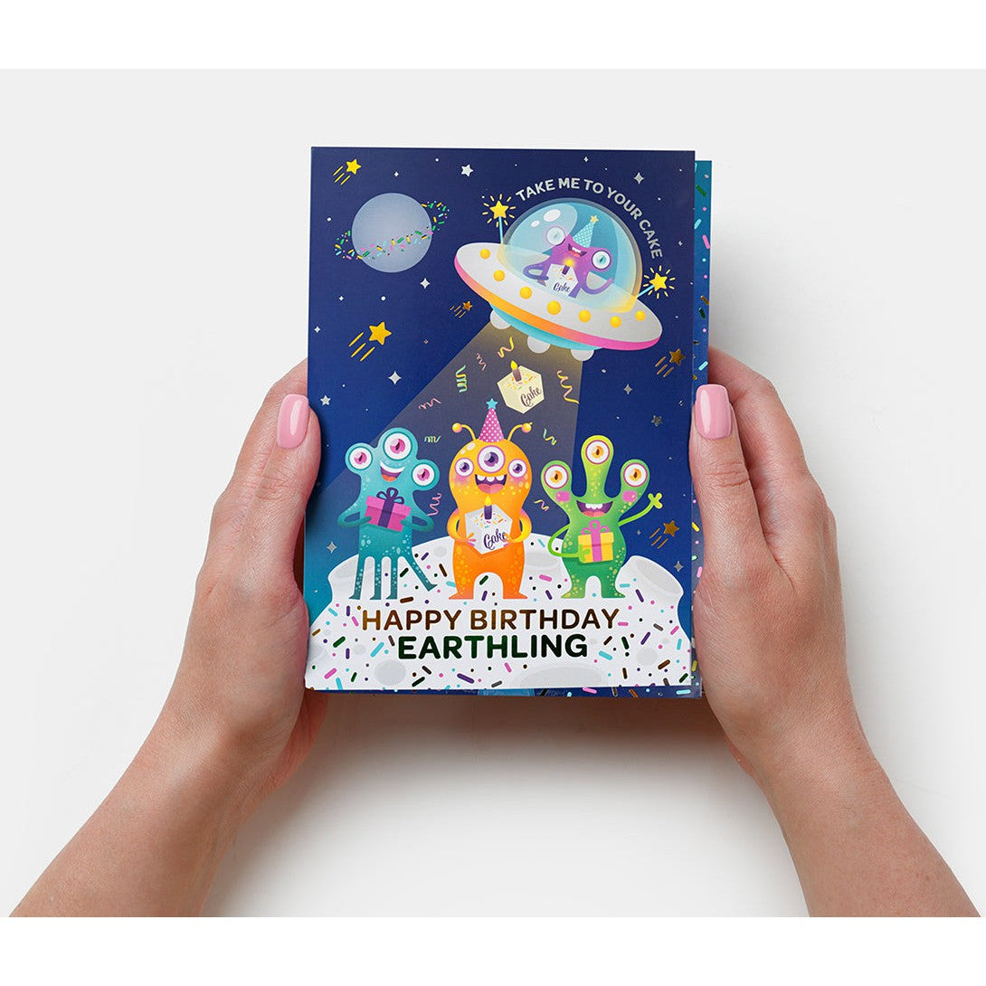 Alien Themed InstaCake Vanilla Birthday Card with Star Sprinkles