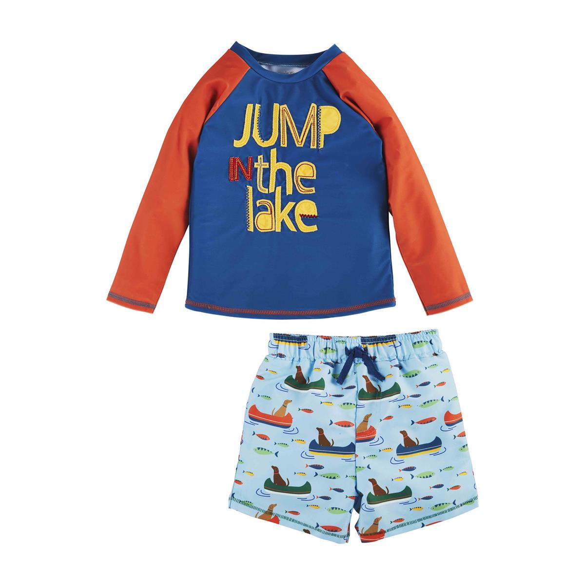 Mud Pie Little Boy's 'Jump in the Lake' Rashguard and Swim Trunks Set