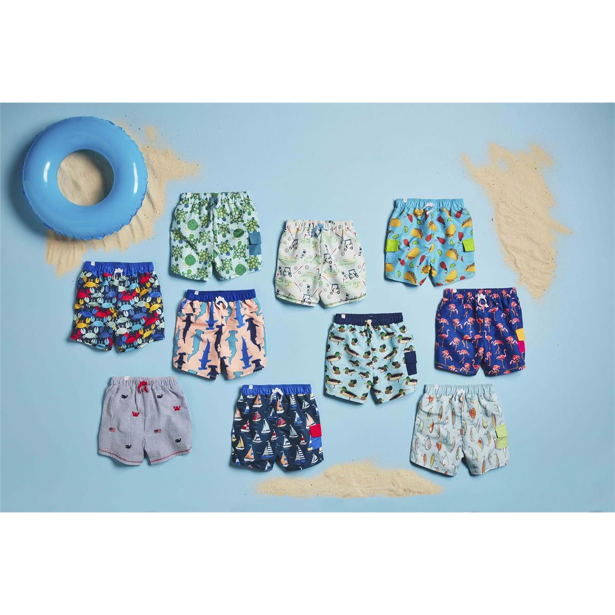 Mud Pie Boys' Peached Nylon Shark Sail Boat Pattern Swim Trunks