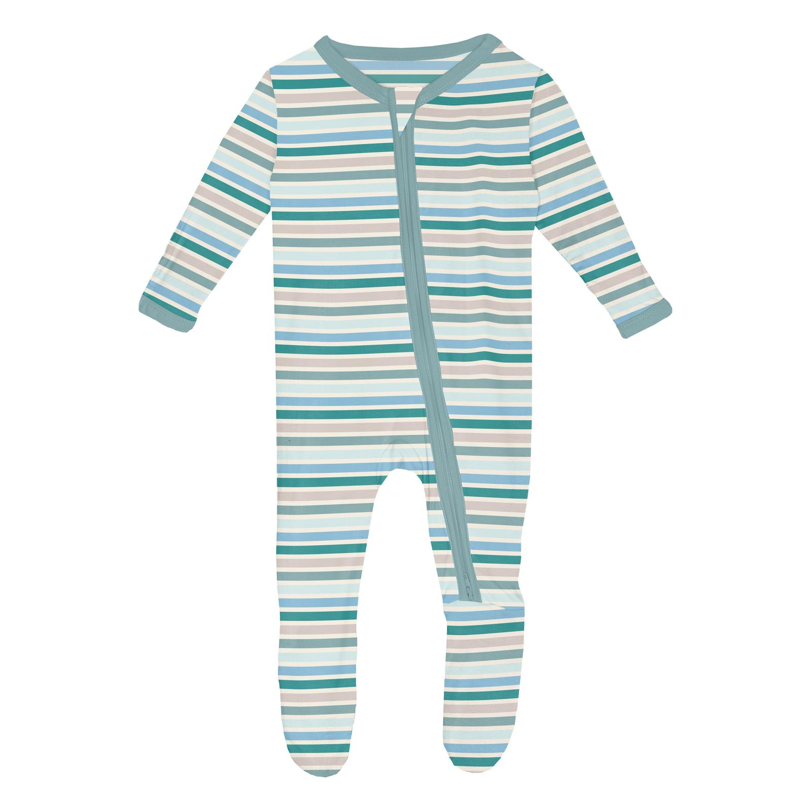 Kickee Classic Print Footie with Two-Way Zipper - Lakeside Stripe Design