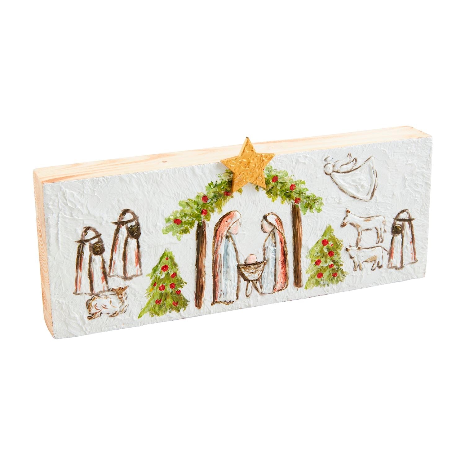 Exquisite Hand - Painted Mud Pie Pine Nativity Wall Plaque
