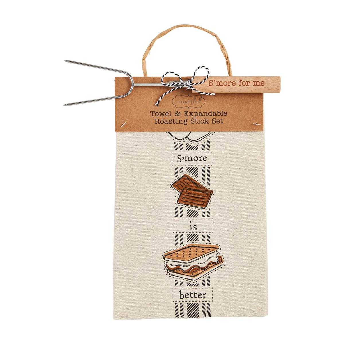 Mud Pie Premium S'more Canvas Towel and Stainless Steel-Wood Roasting Skewer Sets