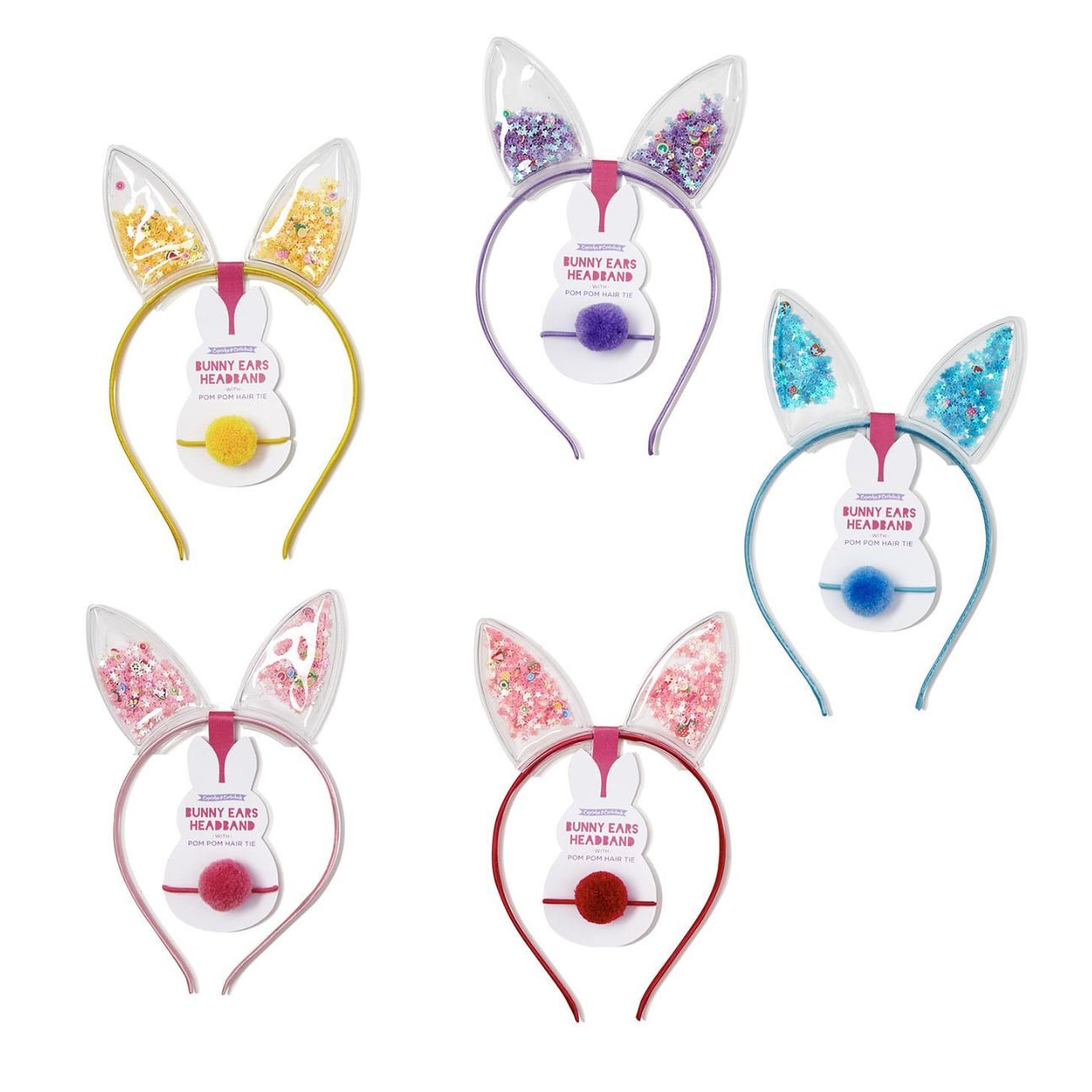 Hot Deal! Assorted Color Sequin Filled Bunny Ears Headband & Pom Pom Hair Tie Set