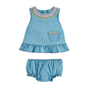 Mud Pie Multi - colored Embroidered Denim Two - piece Pinafore Set