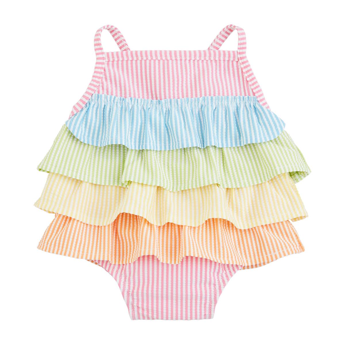 Mud Pie Reversible Seersucker Ruffle UPF50+ 3-Piece Tankini Swimsuit Set