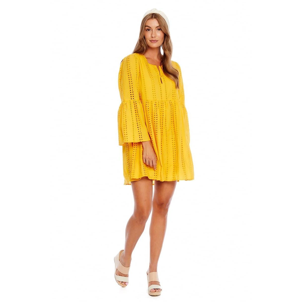Hot Sale! Mud Pie Mustard Cotton Eyelet Raylee Dress for Women
