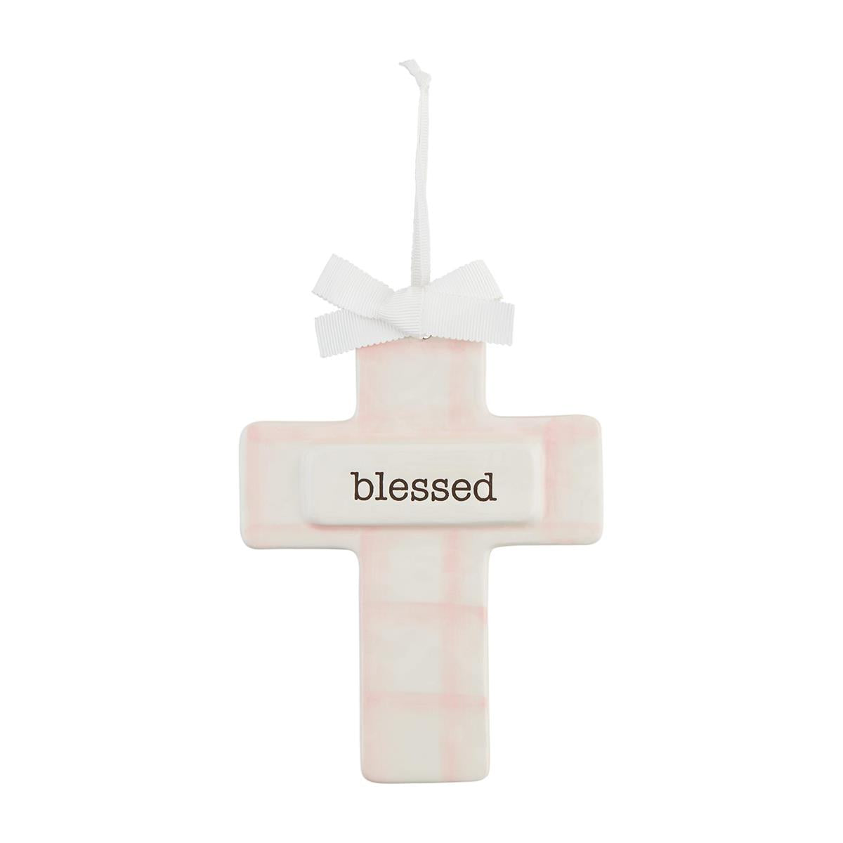 Hand - painted Ceramic Keepsake Cross with Hat Ribbon Hanging Loop