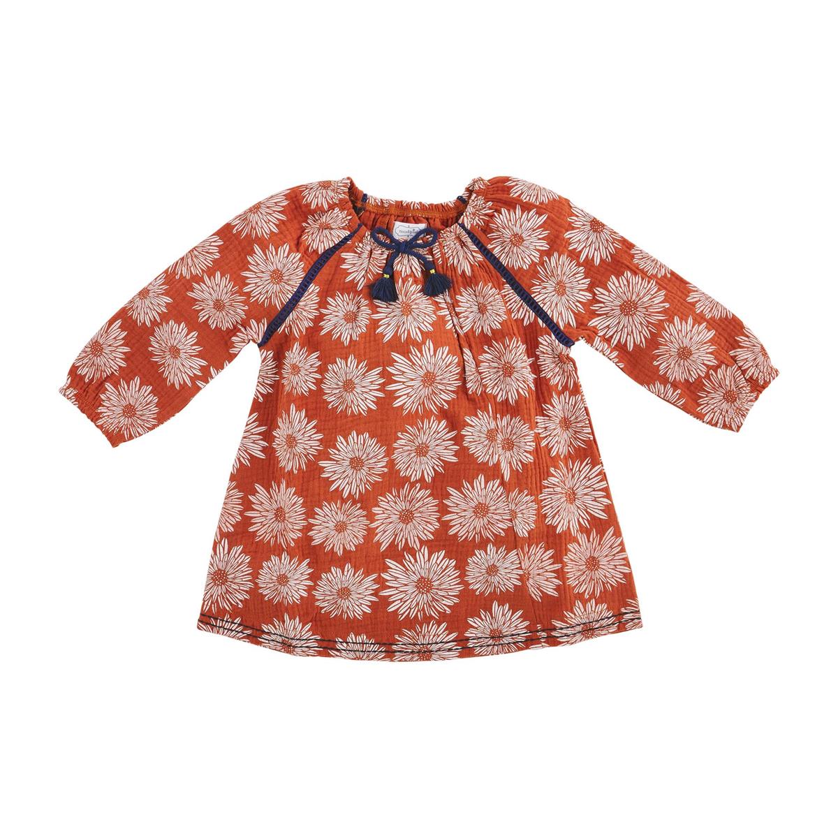 Rust Floral Cotton Gauze Smocked Tassel Neckline Dress by Mud Pie