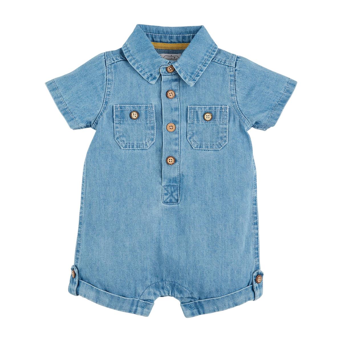 Hot Deal! Mud Pie One-Piece Light-Wash Denim Short Sleeve Romper