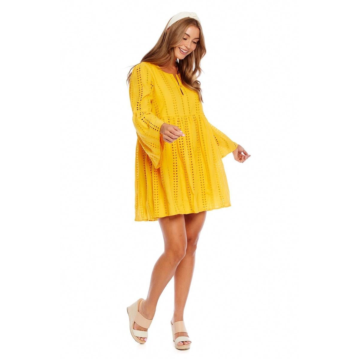 Hot Sale! Mud Pie Mustard Cotton Eyelet Raylee Dress for Women