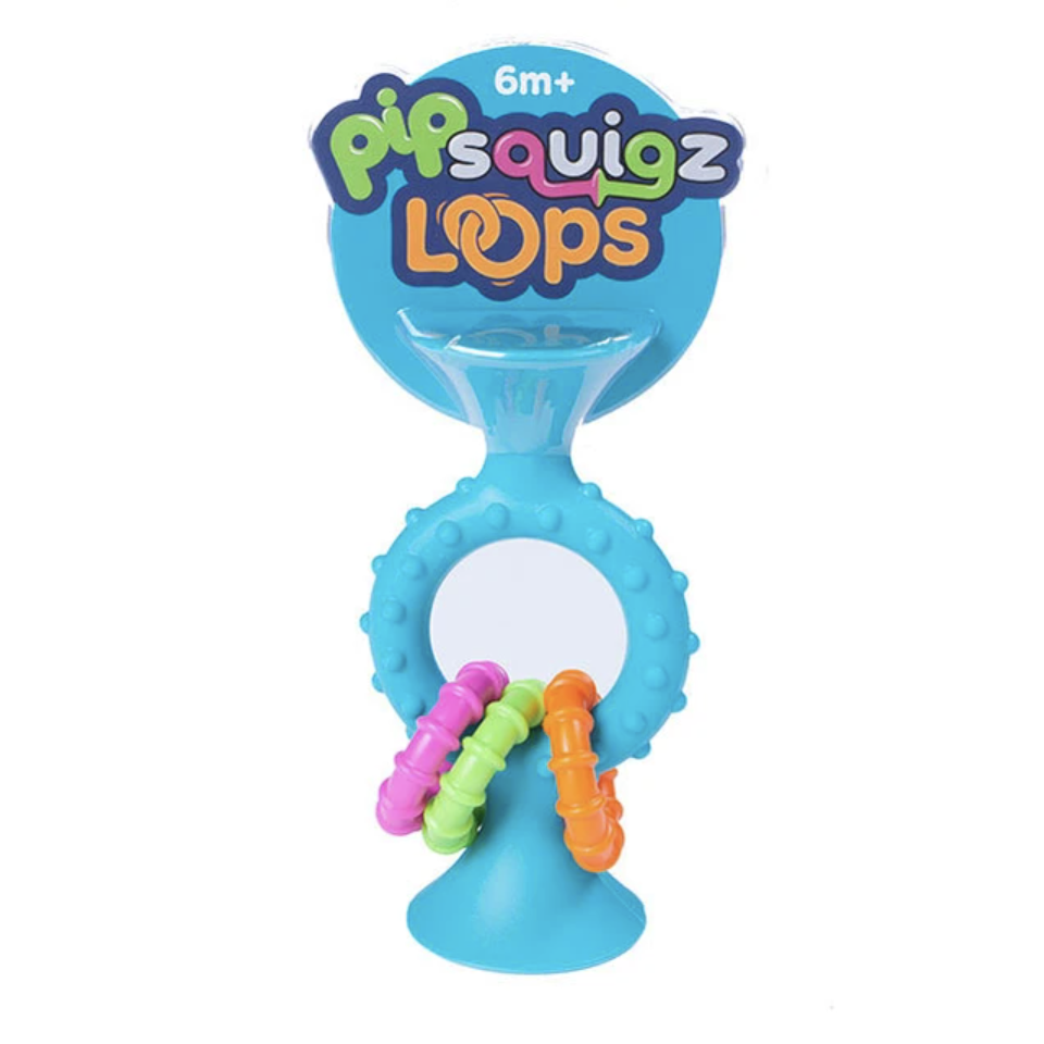 Fat Brain PipSquigz Loops: Bendy, Rattly, Chewy Silicone Suction Cup Toys for Babies - Orange or Teal Available