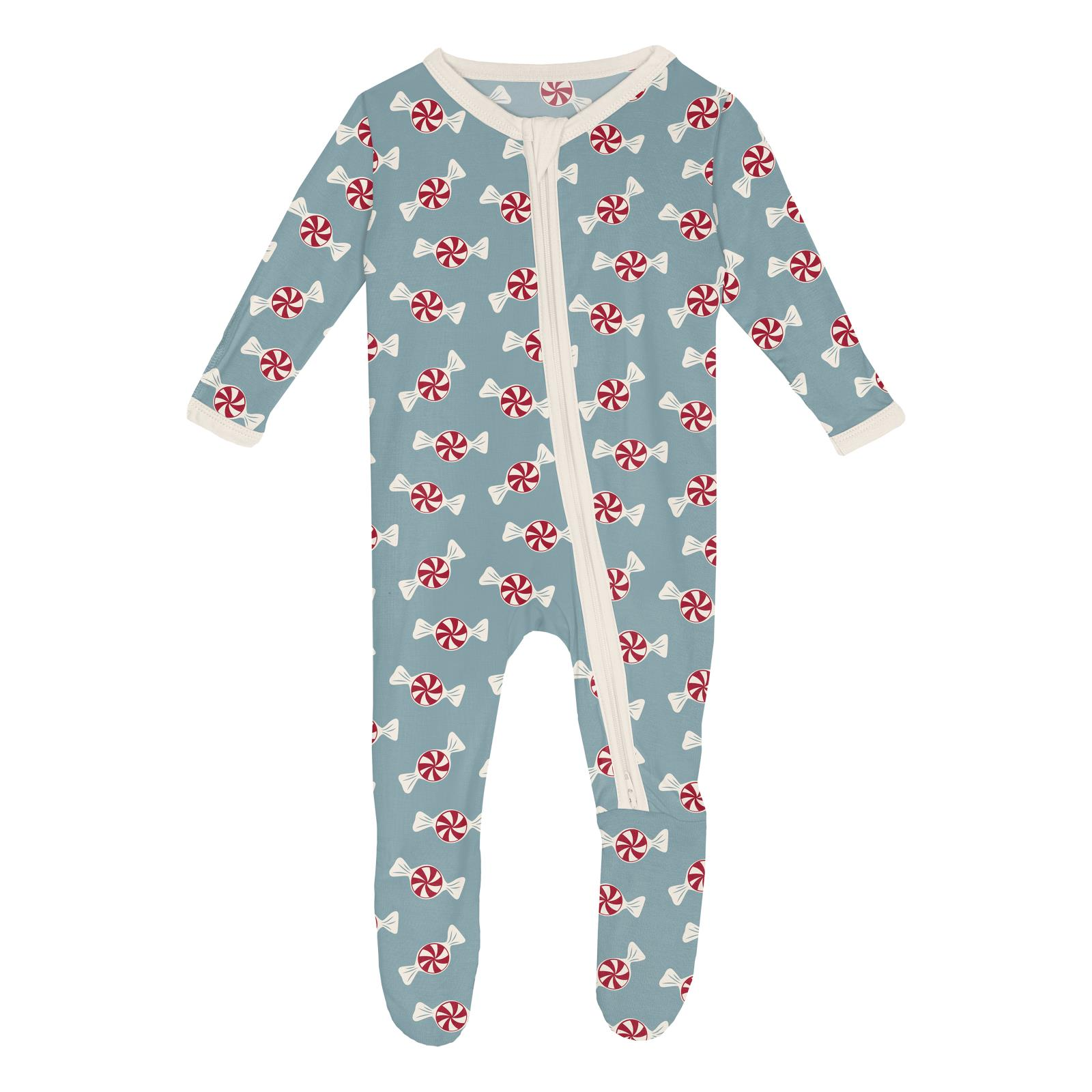 Hot Sale! Kickee Pants Infant Footie with Peppermints Print and Two - Way Zipper in Stormy Sea Color