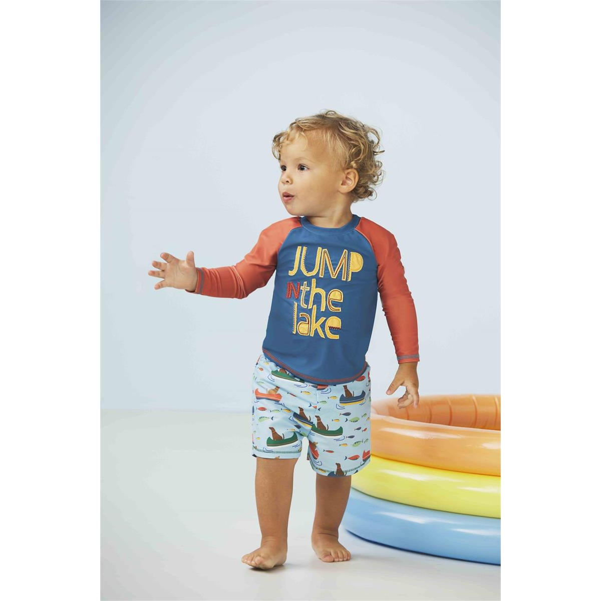 Mud Pie Little Boy's 'Jump in the Lake' Rashguard and Swim Trunks Set