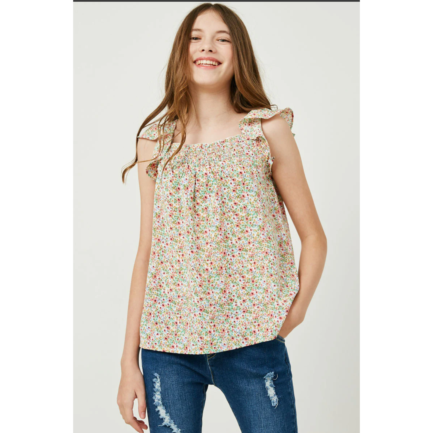 Hot Deal! Hayden Girls' Floral Smocked Tank with Ruffle Detail
