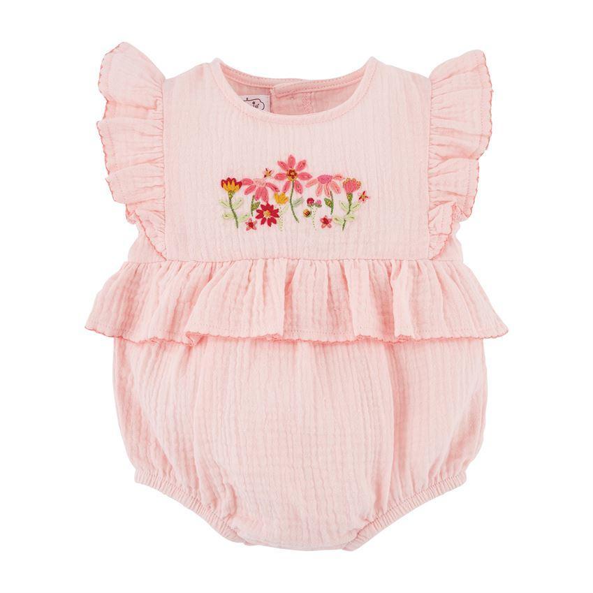 Pink Cotton Gauze Floral Embroidered Seersucker Bubble for Babies