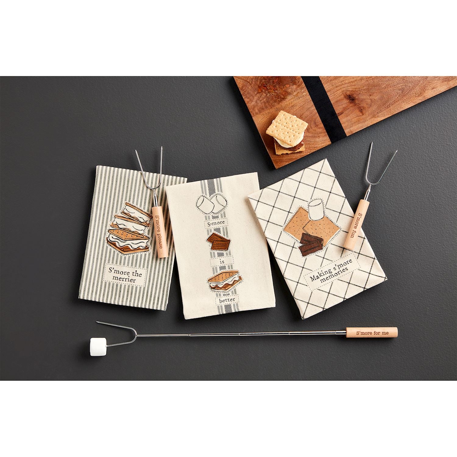 Mud Pie Premium S'more Canvas Towel and Stainless Steel-Wood Roasting Skewer Sets