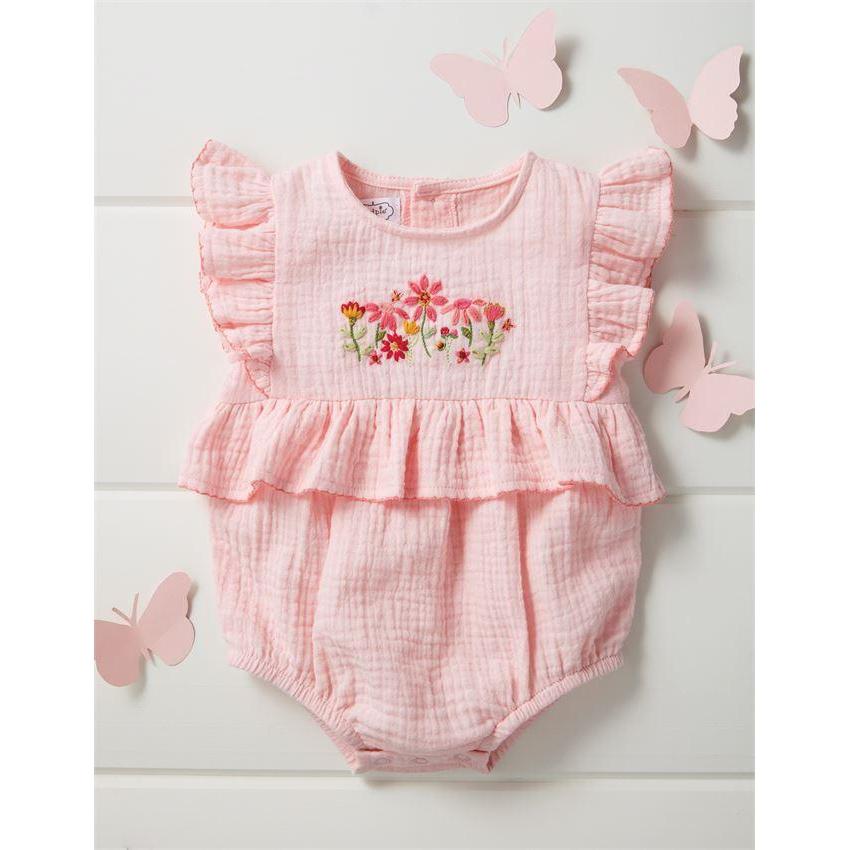 Pink Cotton Gauze Floral Embroidered Seersucker Bubble for Babies