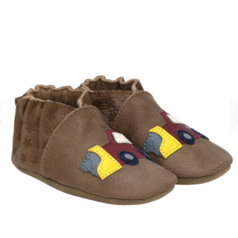 Robeez Dark Beige Soft-Sole Baby Shoes with Adorable Bulldozer Design