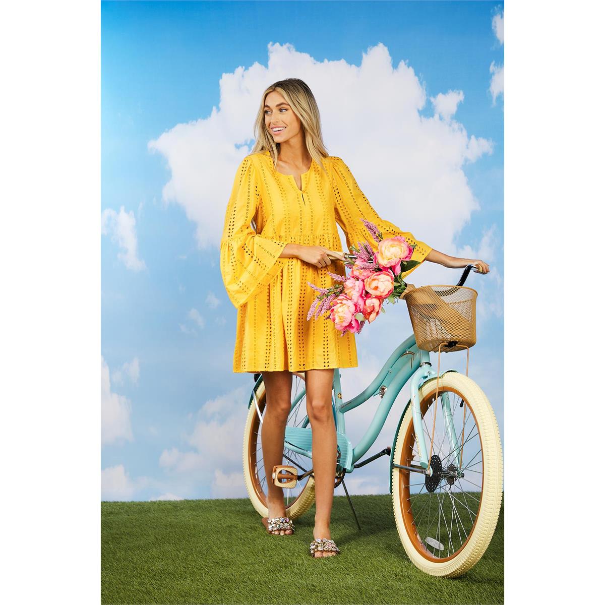 Hot Sale! Mud Pie Mustard Cotton Eyelet Raylee Dress for Women