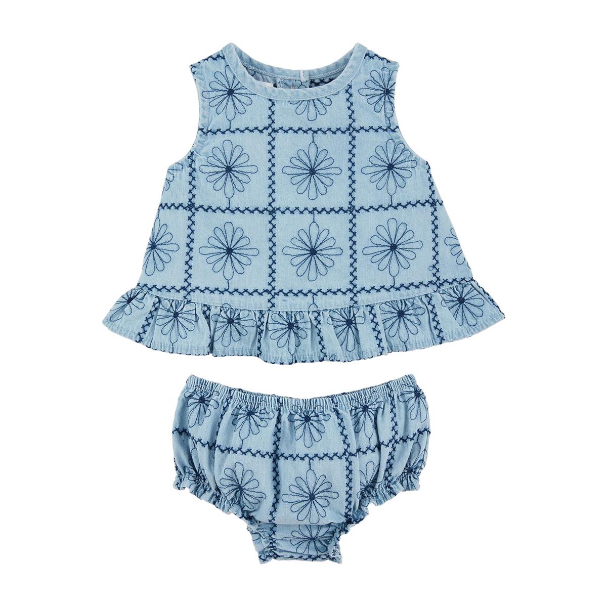 Embroidered Denim Flounce - Hem Pinafore Two - Piece Set by Mud Pie