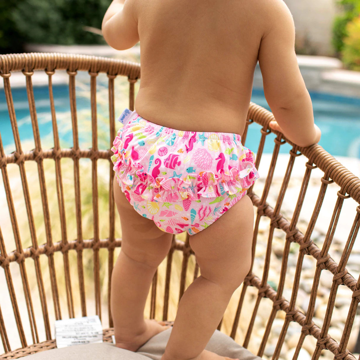 I Play Reusable Absorbent Pink Sea Life Ruffle Snap Swimsuit Diaper