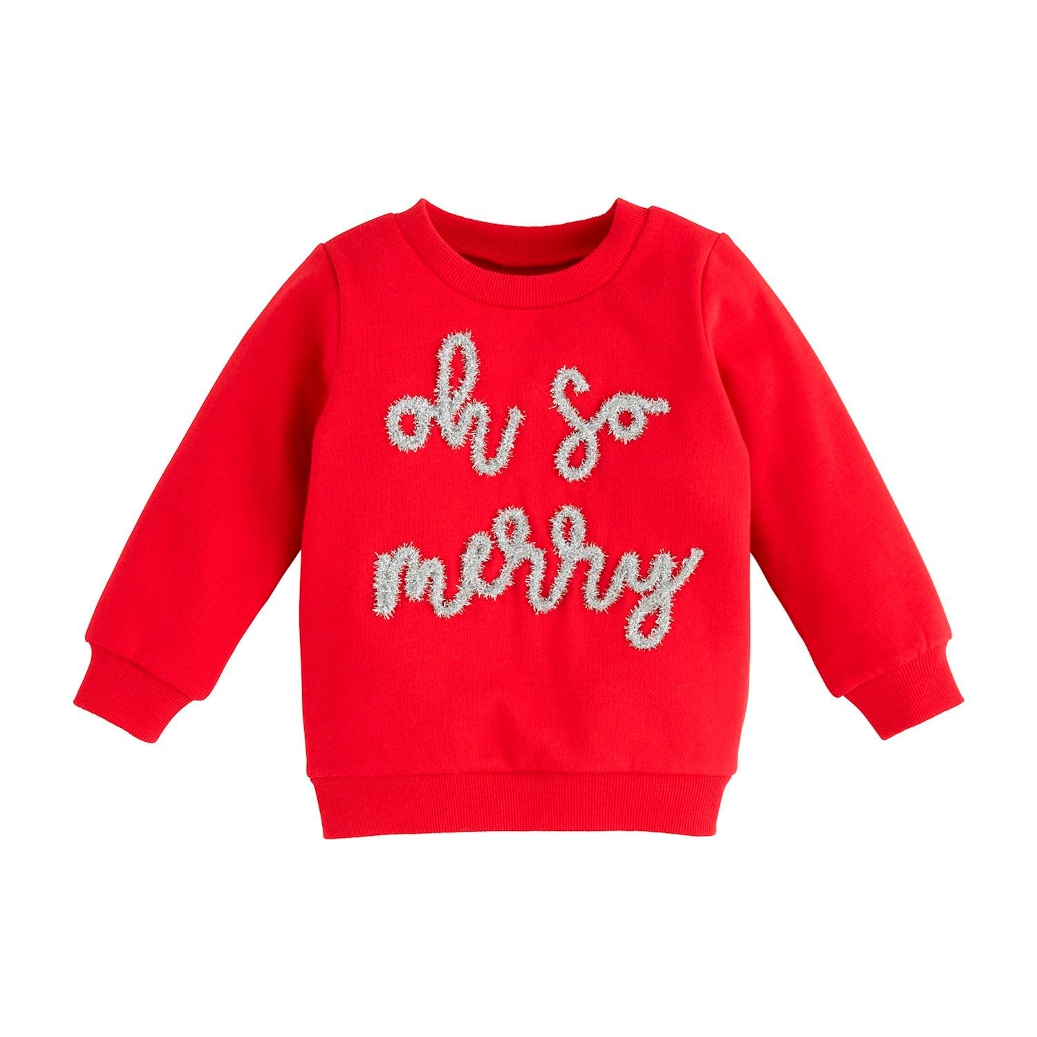 Mud Pie Super Merry French Terry Sweatshirt with Tinsel Ribbon